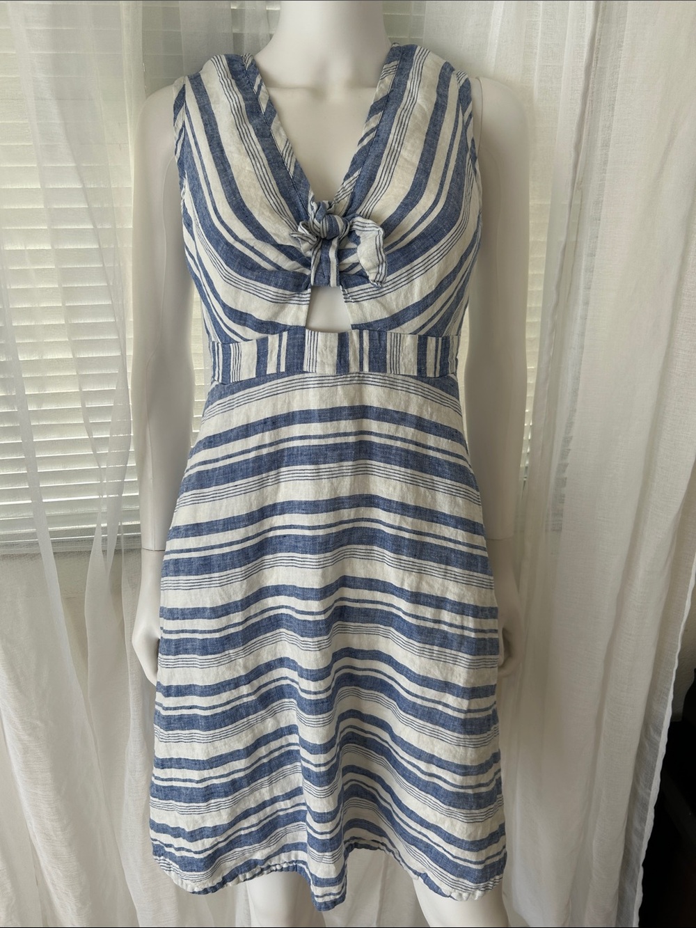 Maeve Blue and Cream Striped Tie-Front Midi Dress - Picture 4 of 16